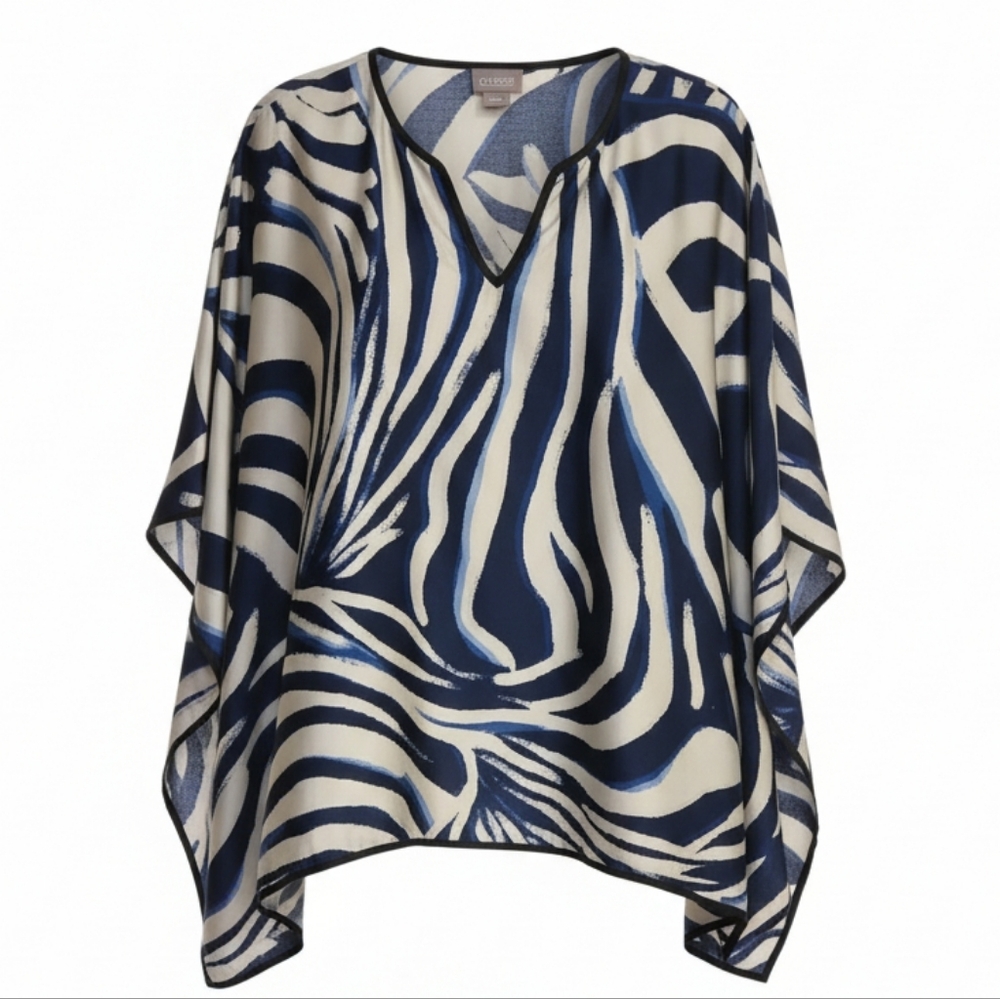 Chico's Satin Navy/Blue/Ivory Abstract Zebra Print Poncho Top Size S/M